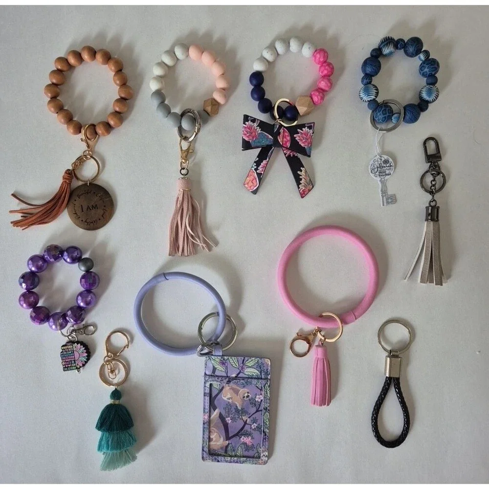 Lot Of 10 Silicone Beaded Tassel Charms Bangle Wristlet Key Chains ID Holder